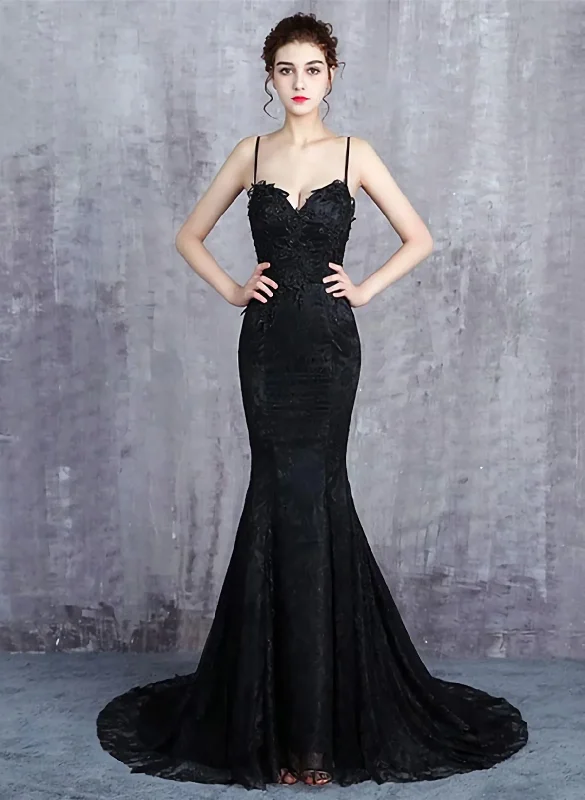 Black Mermaid Lace Straps Sweetheart Party Dress, Black Mermaid Long Formal Dress Tunics Corduroy durable