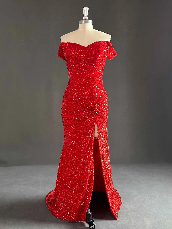 Logan Sexy Off the Shoulder Sweep Train Velvet Sequins Prom Dresses Tunics Chic elegant