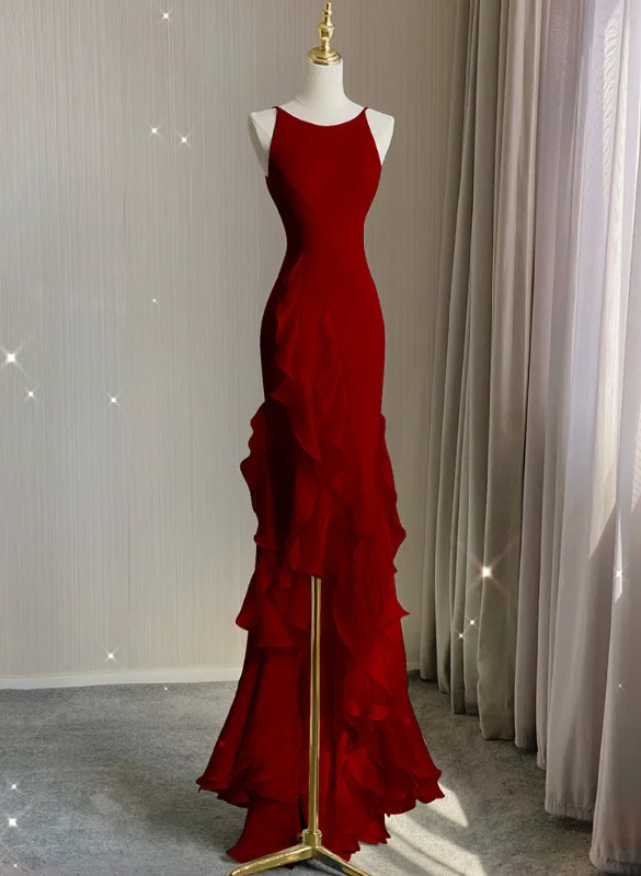 Wine Red Low Back Straps Evening Dress, Wine Red High Low Party Dress Halter Neckline Beach
