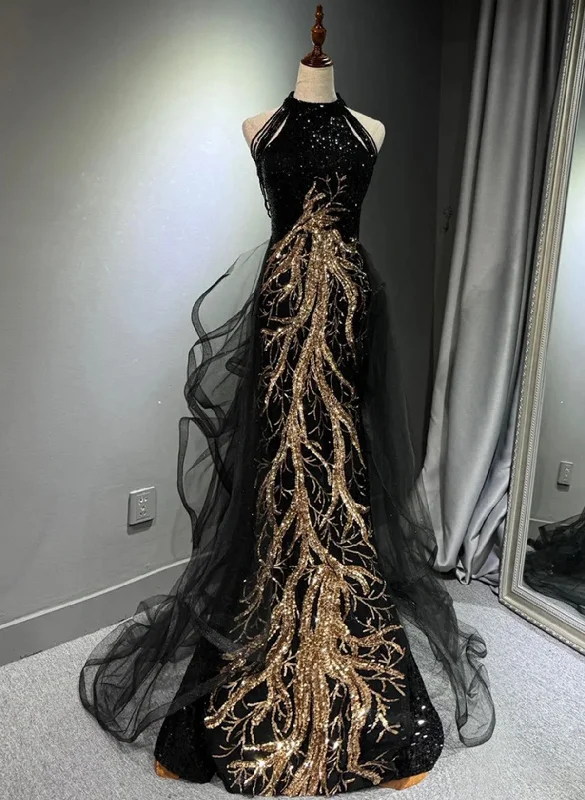 Black Halter A-line Tulle and Sequins Evening Dress, Black Long Prom Dress Party Dress Tunics Spring floral