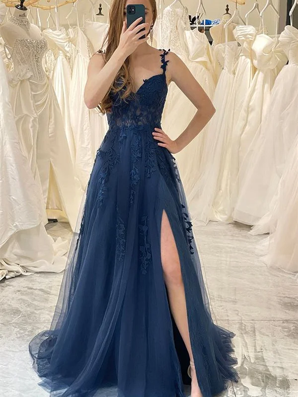 Navy Blue Sweetheart Straps Long Party Dress, A-line Prom Dress with Leg Slit Tunics Exclusive limited