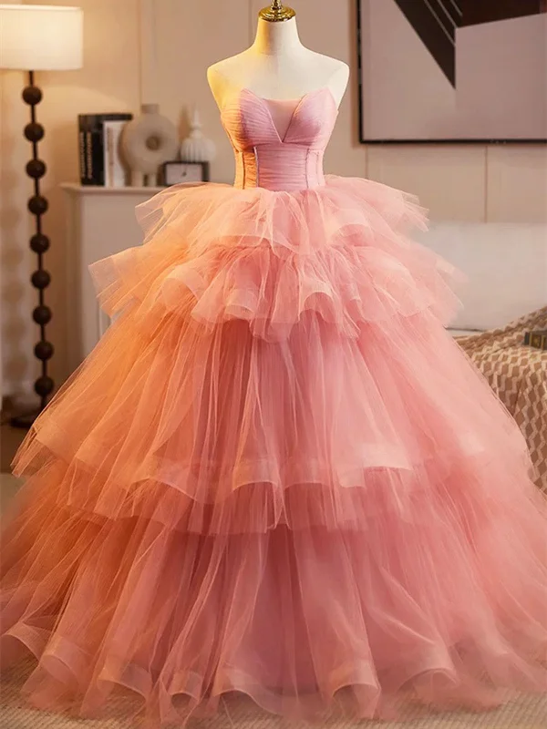 Pink Sweetheart Tulle Ball Gown Long Party Dress, Pink Tulle Prom Dress Tunics Canvas sturdy
