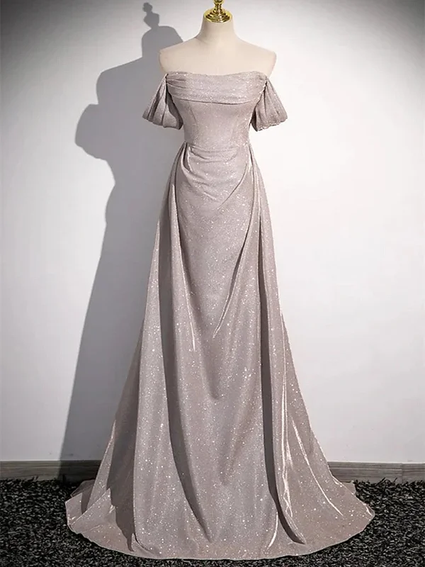 A-line Off Shoulder Long Prom Dress Party Dress, Shiny Ruffle Long Formal Dress Tunics Sale discount