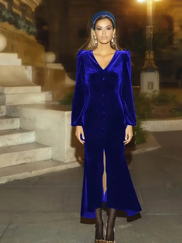 Button Front V Neck Dress, Elegant Solid Long Sleeve Party Dress, Women's Clothing XL X4773171 Tunics Satin smooth
