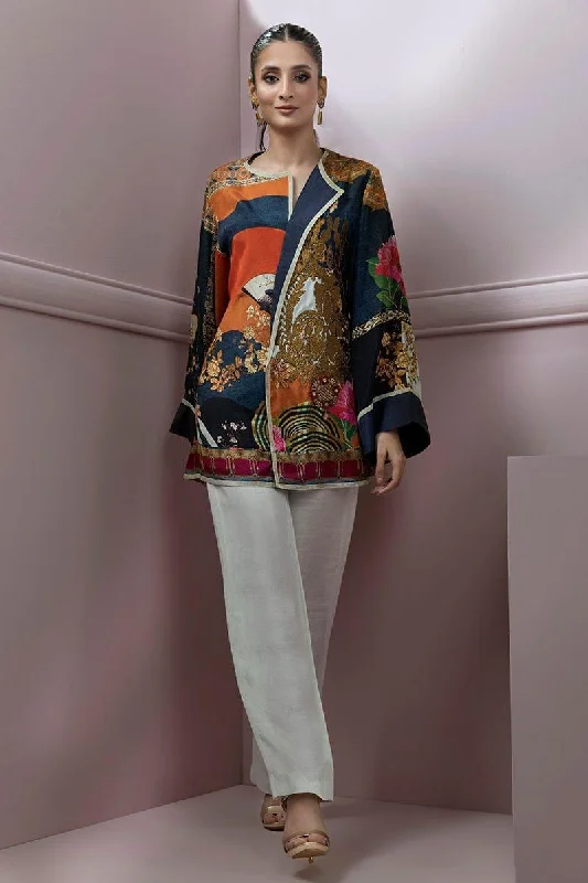 Shamaeel - Silk Embroidered Jacket Style Top with Silk Ivory Pants Boat Neck Shawl Collar Notched Collar