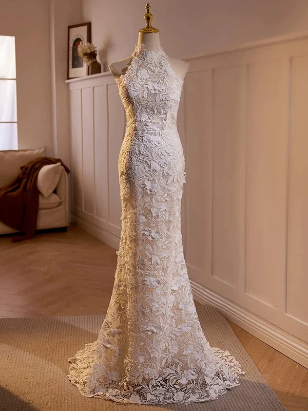 Lovely Lace Mermaid Halter Open Back Wedding Party Dress, Lace Long Formal Dress Tunics Short Trendy