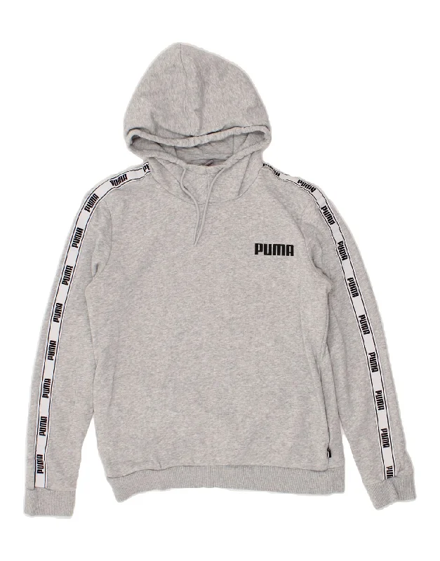 PUMA Womens Graphic Hoodie Jumper UK 14 Medium Grey Colourblock Cotton Hoodie with Tied Waist Feminine Flattering