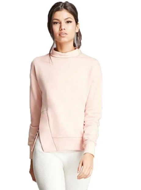 SOLID PINK CASUAL SWEATSHIRTS WOMEN TURTLENECK LONG SLEEVE Hoodie with Hem Detail Decorative Unique