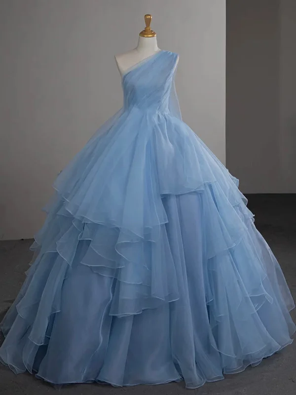 Light Blue Tulle One Shoulder Ball Gown Formal Dress, Light Blue Party Dress A-Line Day Work