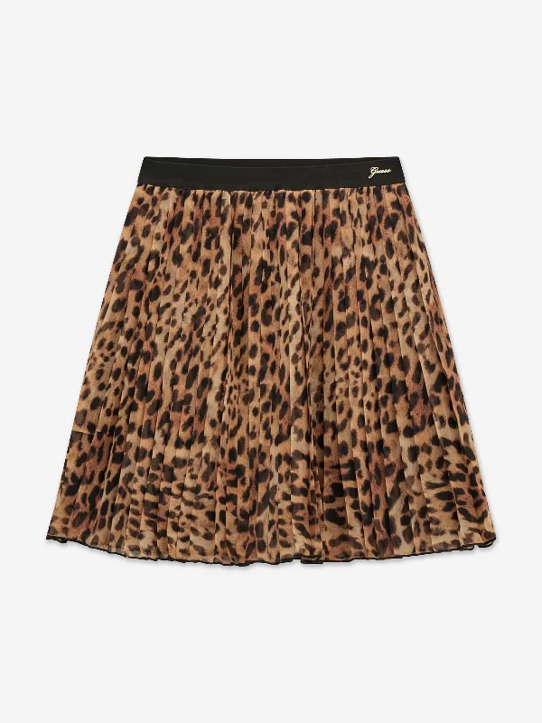 Guess Girls Leopard Chiffon Pleated Midi Skirt in Brown leather skirt bold