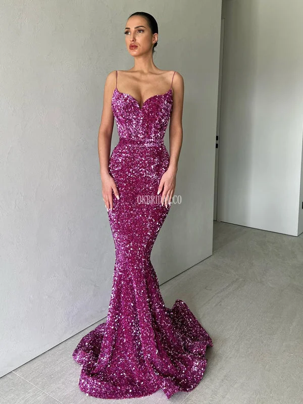 Spaghetti Straps Mermaid Backless Sequin Sparkle Long Prom Dresses, FC7011 Tunics Recommended stylist