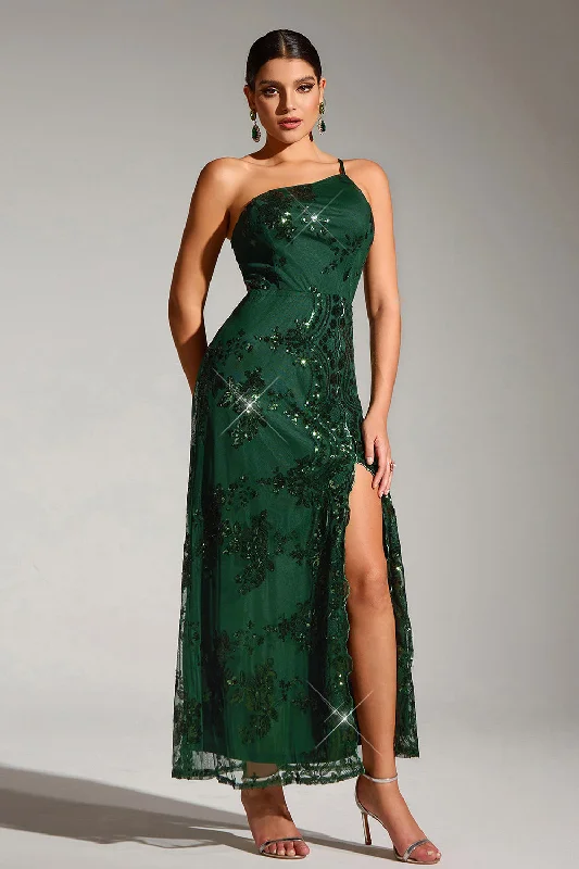 Sparkly Dark Green One Shoulder Mermaid Sequin Long Party Dress with Slit Tunics Stylish modern