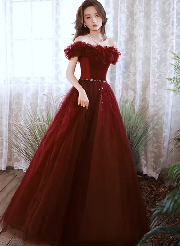 Wine Red Off Shoulder Tulle Long Party Dress, Wine Red Long Formal Dress Tunics Lace romantic
