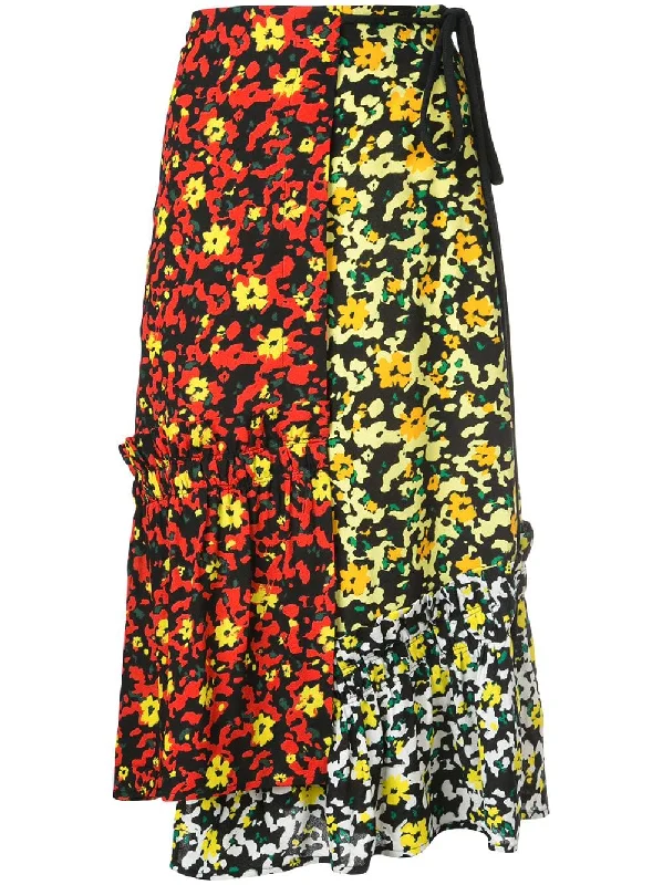 Multi Floral Asymmetrical Skirt silk skirt lustrous