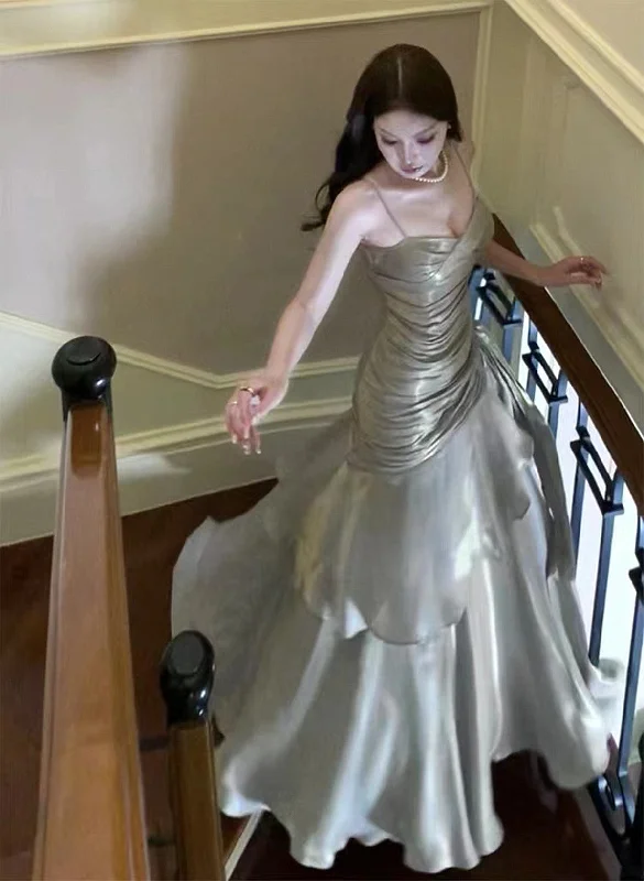 Cute Sliver Grey Straps Chic Long Party Dress, Long Evening Dress Prom Dress Pleated Skirt Elegant