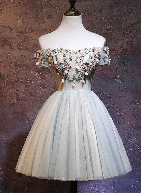 Charming Floral Short Tulle Prom Dresses, Knee Length Party Dresses, Formal Dresses Tunics Summer linen
