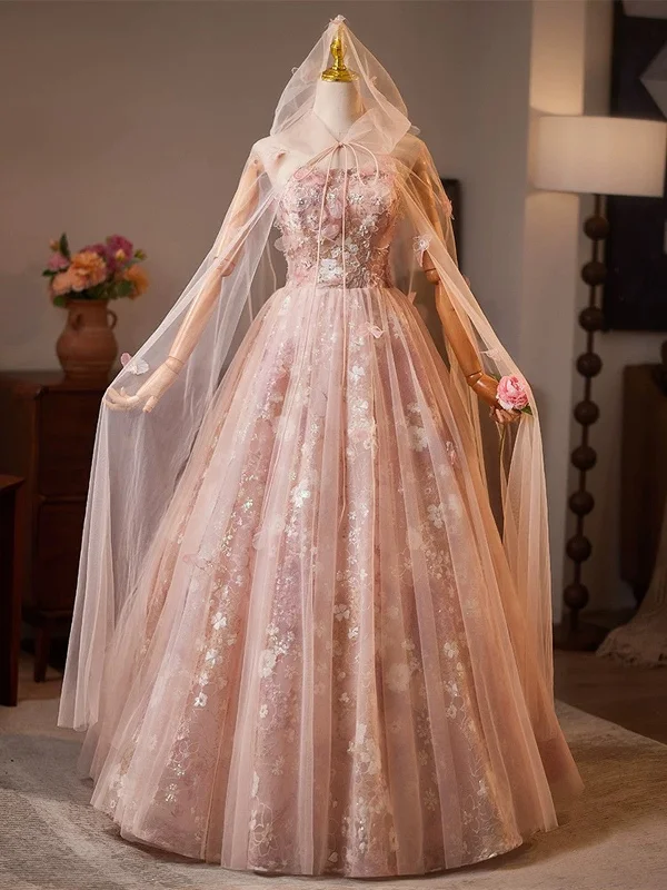 Pink Floral Lace Long Party Dress, A-line Tulle Pink Formal Gown with Cape Chiffon Maxi Beach