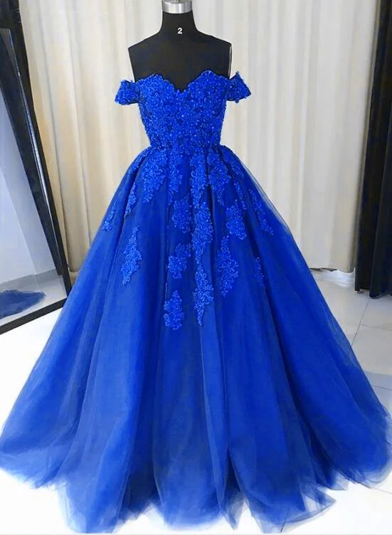 Royal Blue Tulle Gown, Lace Applique Off Shoulder Party Dress, Prom Dress Sweet 16 Dress Tunics Yoga stretchy