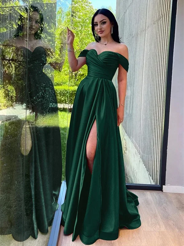 Simple A-line Satin Off Shoulder Party Dress, Sweetheart Satin Prom Dress Pleated Skirt Elegant