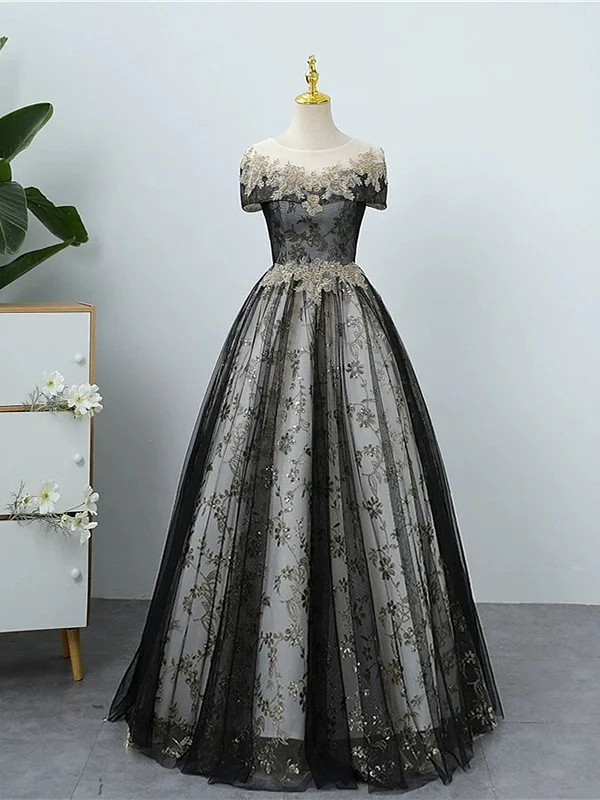 Black Tulle and Lace Round Neckline Party Dress, Black Long Lace Prom Dress Tunics Sophisticated sleek
