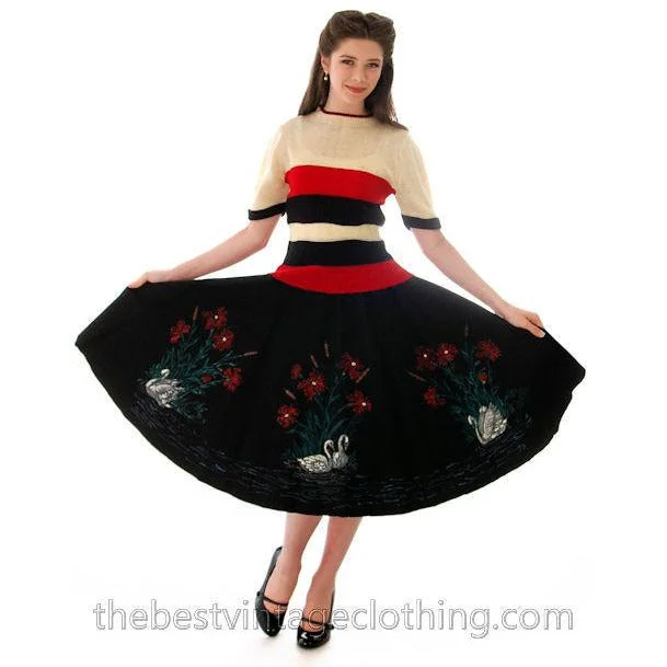 Vintage Circle Skirt Hand Painted Felt 1950s Small Smart Set leather skirt bold