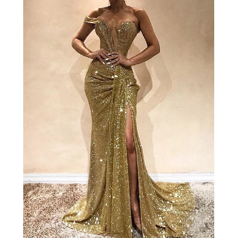 Sparkly One Shoulder Sequin Mermaid Sexy Slit Long Prom Dresses, FC2539 Tunics stripes playful