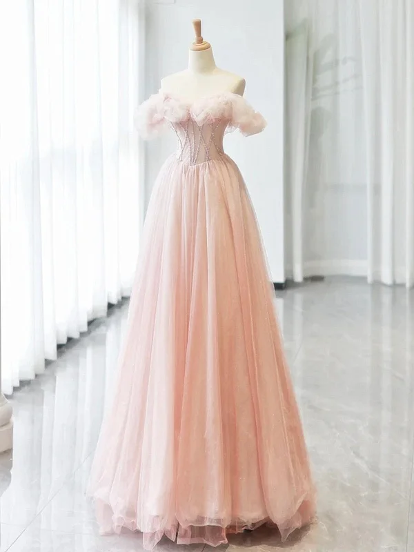 A-line Pink Off Shoulder Beaded Sweetheart Party Dress, Pink Tulle Prom Dress Turtleneck Warm Winter