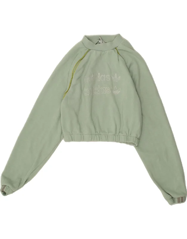 ADIDAS Womens Crop Graphic Sweatshirt Jumper UK 10 Small Green Cotton Hoodie with Ribbed Hem Stretchable Secure