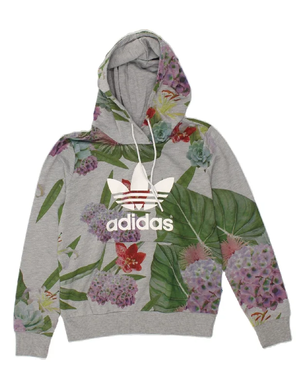 ADIDAS Womens Graphic Hoodie Jumper UK 12 Medium Grey Floral Polyester Hoodie with Button Placket Classic Preppy