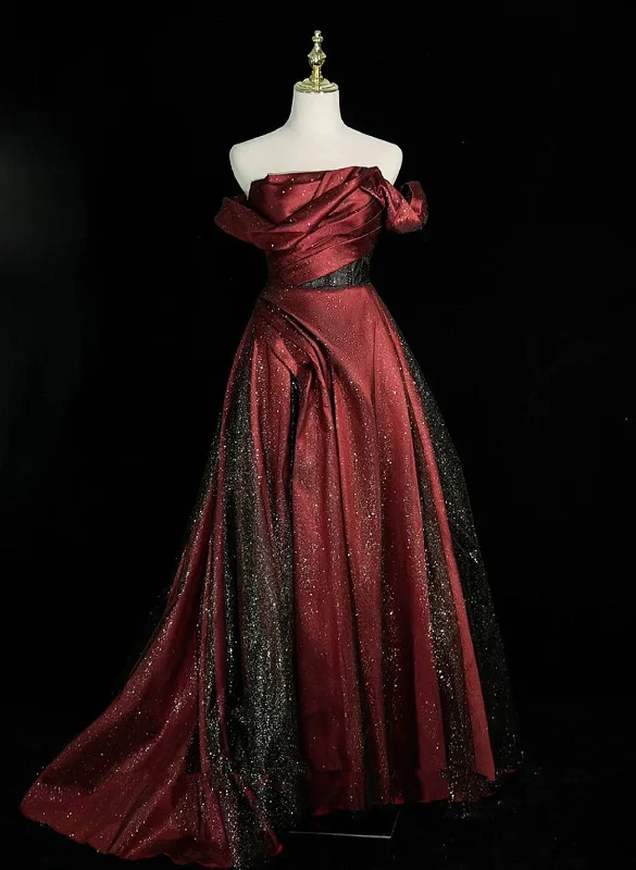 Wine Red and Black Off Shoulder Long Party Dress, Long Formal Dress Tunics Occasion special