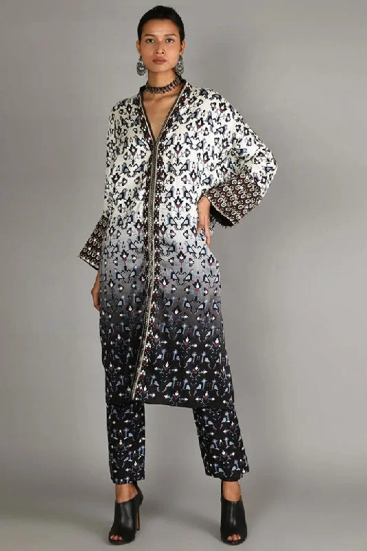 BLACK AND WHITE OMBRE GEOMETRIC DAMASK PRINT JACKET WITH BLACK GEOMETRIC DAMASK PRINT PANT WITH EMBROIDERY DETAILING Appliqued Jacket Beaded Jacket Sequined Jacket