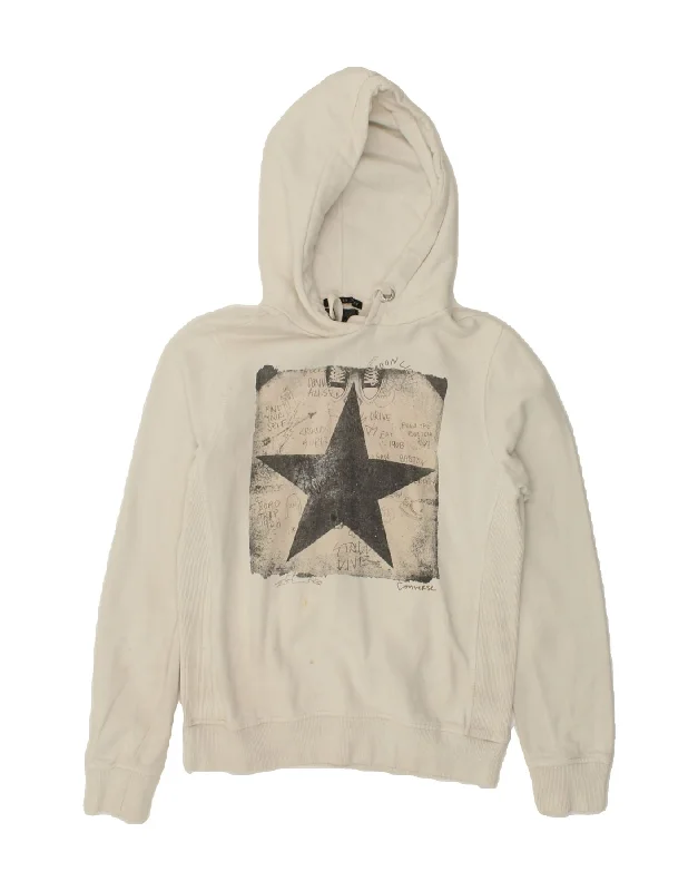 CONVERSE Womens Graphic Hoodie Jumper UK 16 Large White Cotton Hoodie with Double Zipper Versatile Adjustable