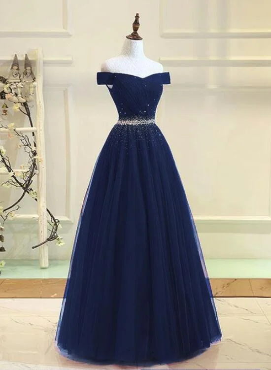 Navy Blue Tulle Beaded Prom Gowns, Tulle Party Dresses, Elegant Formal Dresses Tunics Modern contemporary