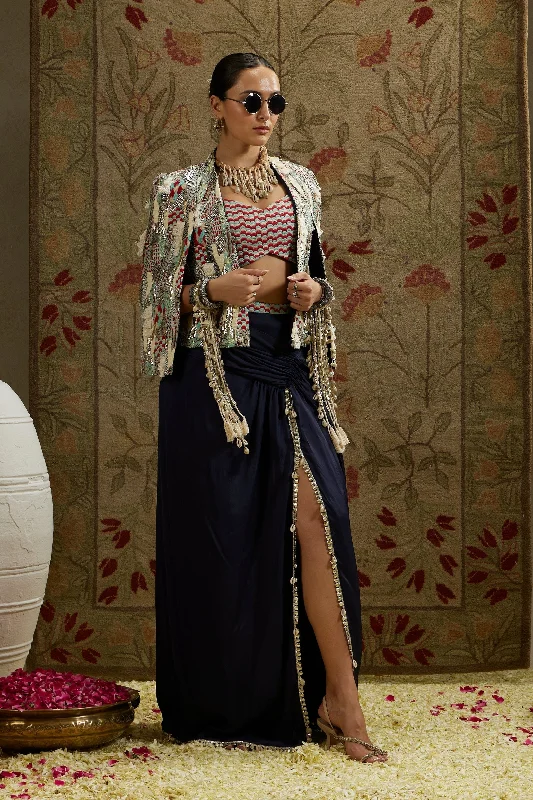 ABSTRACT EMBELLISHED FRINGE JACKET WITH SMALL SCALLOP BUSTIER AND HIGH SLIT SKIRT Anorak Shell Jacket Lightweight Jacket