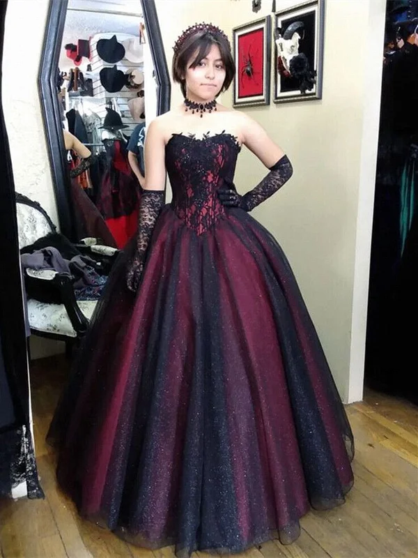 Black and Wine Red Strapless A Line Glitter Party Dress, Tulle Black and Red Prom Dress Tunics Chic elegant