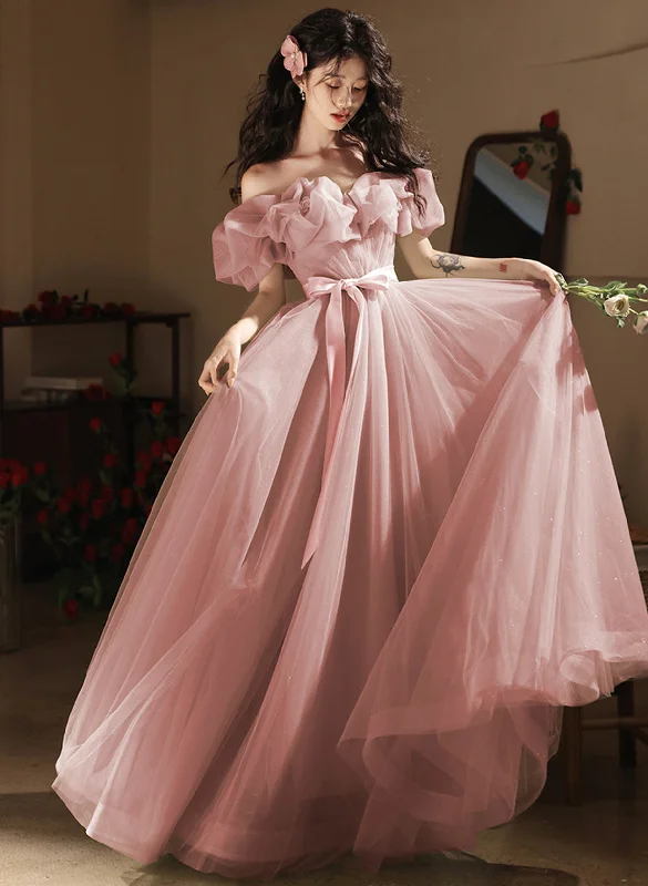 Lovely Pink Tulle Off Shoulder A-line Party Dress, Pink Tulle Long Prom Dress Tunics Yoga stretchy