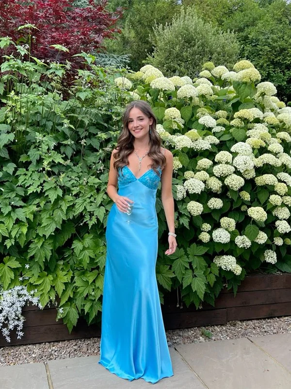 Blue Long Straps Sweetheart Party Dress Formal Dress, Blue Satin Evening Dress Pleated Skirt Elegant