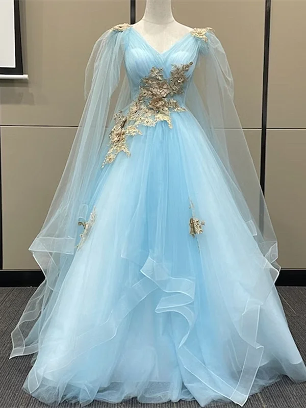 Light Blue Tulle with Gold Lace Applique Party Dress, Light Blue Prom Dress Off-the-shoulder Bohemian Festive