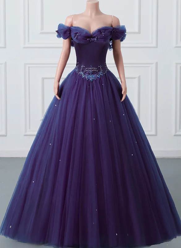Purple Off Shoulder Beaded Tulle Long Formal Dress, Purple Party Dress Tunics Brand named