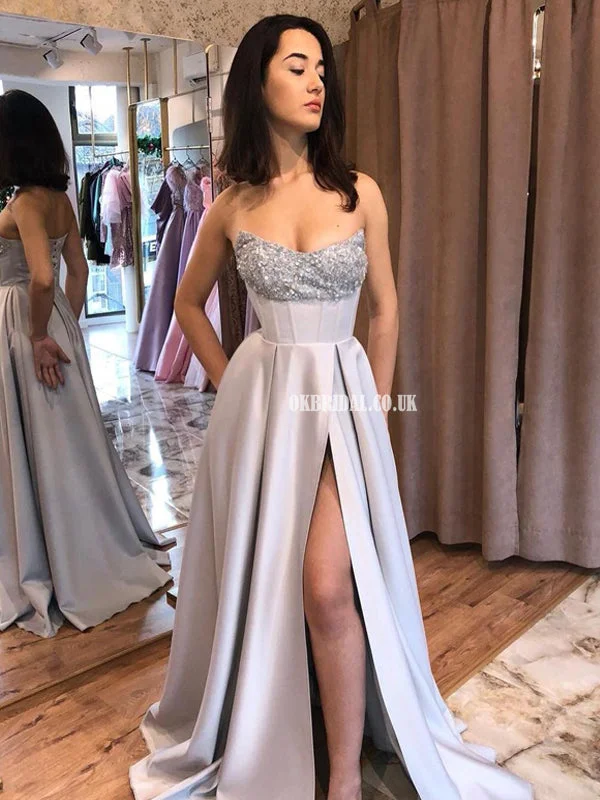 Charming A-line Satin Sexy Side Slit Sequin Prom Dresses, FC6476 Tunics Fashionable trendy