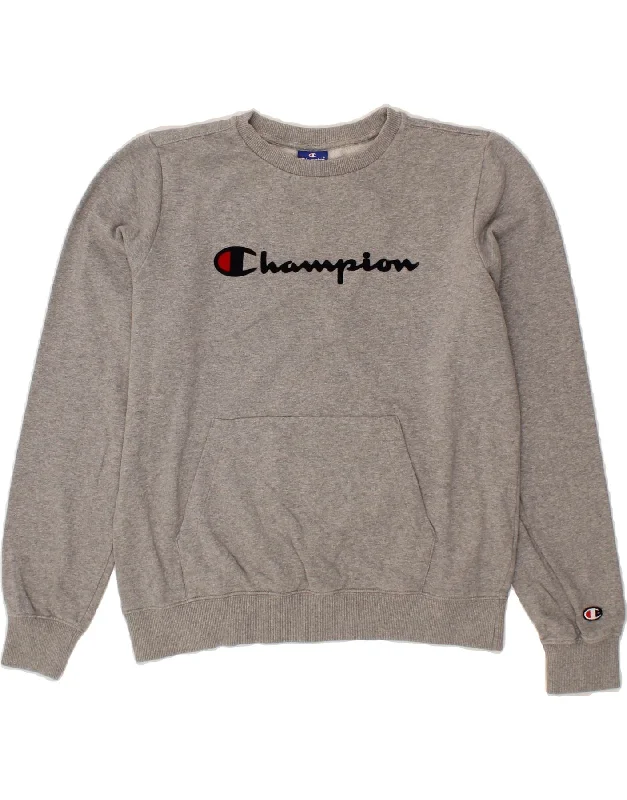 CHAMPION Womens Oversized Graphic Sweatshirt Jumper UK 10 Small Grey Hoodie with Toggle Buttons Decorative Unique