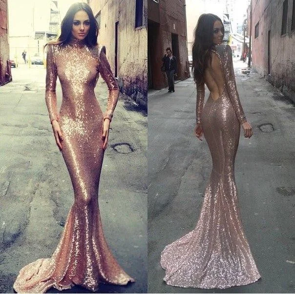 Sequin Long Sleeves High Neck Mermaid Open Back Cheap Long Prom Dress, WG516 Tunics Fall fleece