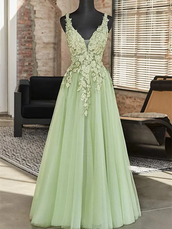 Green A-line V-neckline Tulle with Lace Long Party Dress, Green Tulle Prom Dress Tunics Practical easy-care
