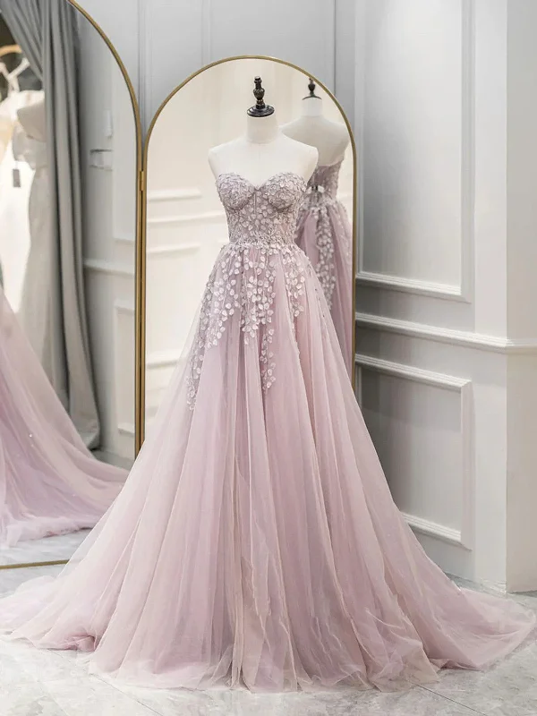 Pink Tulle with Lace Applique Long Party Dress, Pink Sweetheart Prom Dress Tunics Long Elegant
