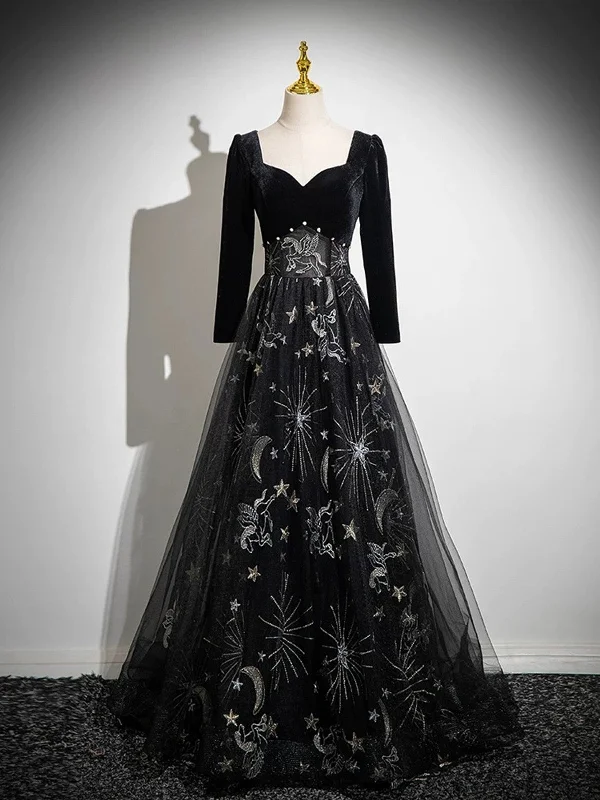 Black Long Sleeves Velet and Tulle Party Dress, Black Sweetheart Prom Dress Turtleneck Neckline Stylish