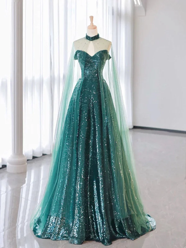 A-line Green Sequins Long Party Dress with Tulle Cap, Green Sequins Prom Dress Tunics Floral girly