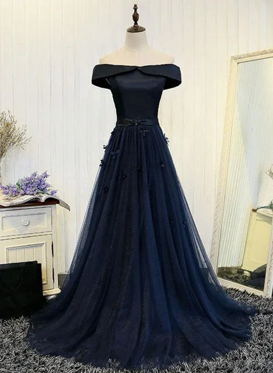 Navy Blue Off Shoulder Floor Length Party Dress, Prom Dress, Formal Gowns, Lace-up Dresses Tunics Modern contemporary