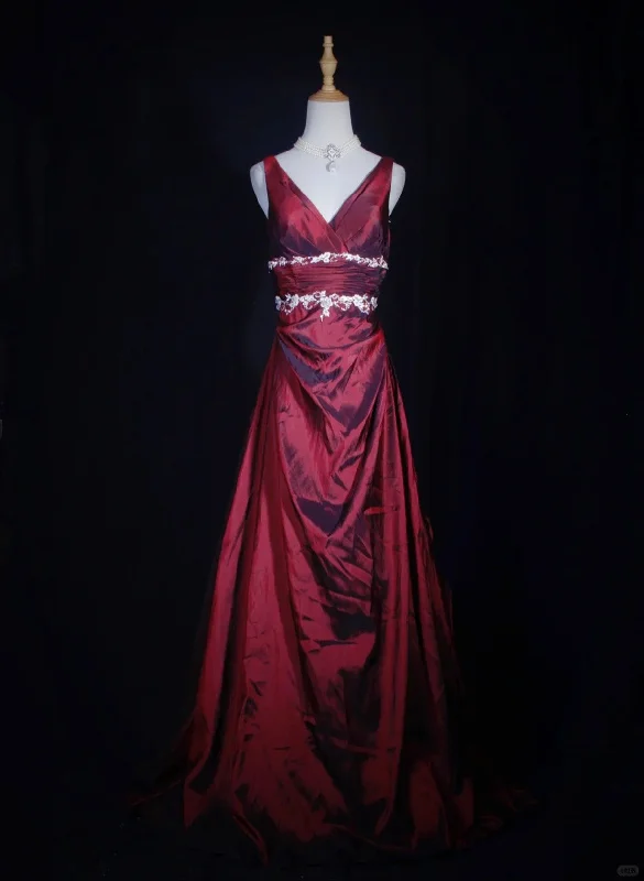 Pretty Wine Red Taffeta V-neckline Long Prom Dress, Wine Red Vintage Party Dress Tunics Handmade artisanal