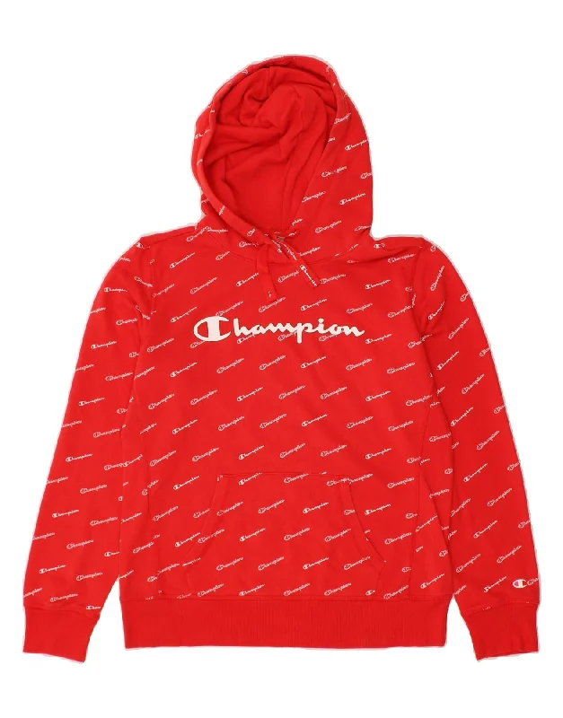 CHAMPION Womens Graphic Hoodie Jumper UK 16 Large Red Cotton Hoodie with Illustration Artistic Creative