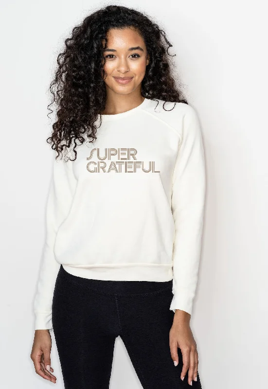 'Super Grateful' Cozy Fleece Sweatshirt - Moon Hoodie with Puffed Sleeves Voluminous Trendy